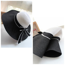 hats for women straw sun hat wide brim contrastcolor bowknot floppy cap beach bohemia headwear black and white J4U66