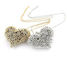 hollow carved peach heart rhinestone women lady long necklace bronze silver golden jewelry J4U66