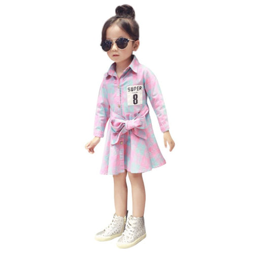 Fashion Kids Girls Plaid Dress Long Sleeve Sashes Turn-down Collar Dresses Children Clothes J4U66