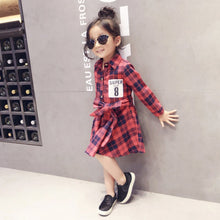 Fashion Kids Girls Plaid Dress Long Sleeve Sashes Turn-down Collar Dresses Children Clothes J4U66