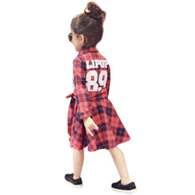 Fashion Kids Girls Plaid Dress Long Sleeve Sashes Turn-down Collar Dresses Children Clothes J4U66