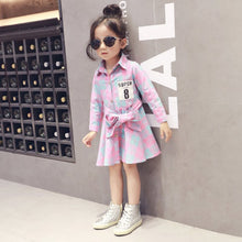 Fashion Kids Girls Plaid Dress Long Sleeve Sashes Turn-down Collar Dresses Children Clothes J4U66