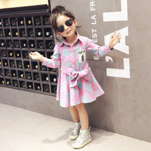Fashion Kids Girls Plaid Dress Long Sleeve Sashes Turn-down Collar Dresses Children Clothes J4U66