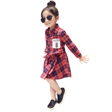 Fashion Kids Girls Plaid Dress Long Sleeve Sashes Turn-down Collar Dresses Children Clothes J4U66