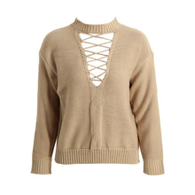 lace up knitted sweater women long sleeve turtleneck casual pullover hollow out basic knit tops jumper pull femme J4U66