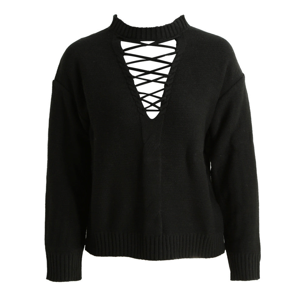lace up knitted sweater women long sleeve turtleneck casual pullover hollow out basic knit tops jumper pull femme J4U66