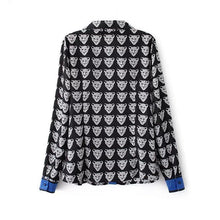 leopard head print-shirtss womens blouse turn down collar long sleeve chiffon blouse plus size blusas women tops black J4U66