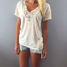 Fashion Leisure Women T Shirt Short Sleeve Beige Lace Splice V-Neck Top Ladies Casual T-Shirt J4U66