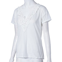 Fashion Leisure Women T Shirt Short Sleeve Beige Lace Splice V-Neck Top Ladies Casual T-Shirt J4U66