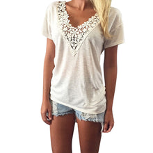Fashion Leisure Women T Shirt Short Sleeve Beige Lace Splice V-Neck Top Ladies Casual T-Shirt J4U66