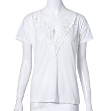 Fashion Leisure Women T Shirt Short Sleeve Beige Lace Splice V-Neck Top Ladies Casual T-Shirt J4U66