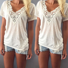 Fashion Leisure Women T Shirt Short Sleeve Beige Lace Splice V-Neck Top Ladies Casual T-Shirt J4U66
