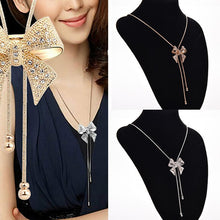 Noble Alloy Rhinestone Bow Necklace Long Sweater Chain Pendant Necklace J4U66