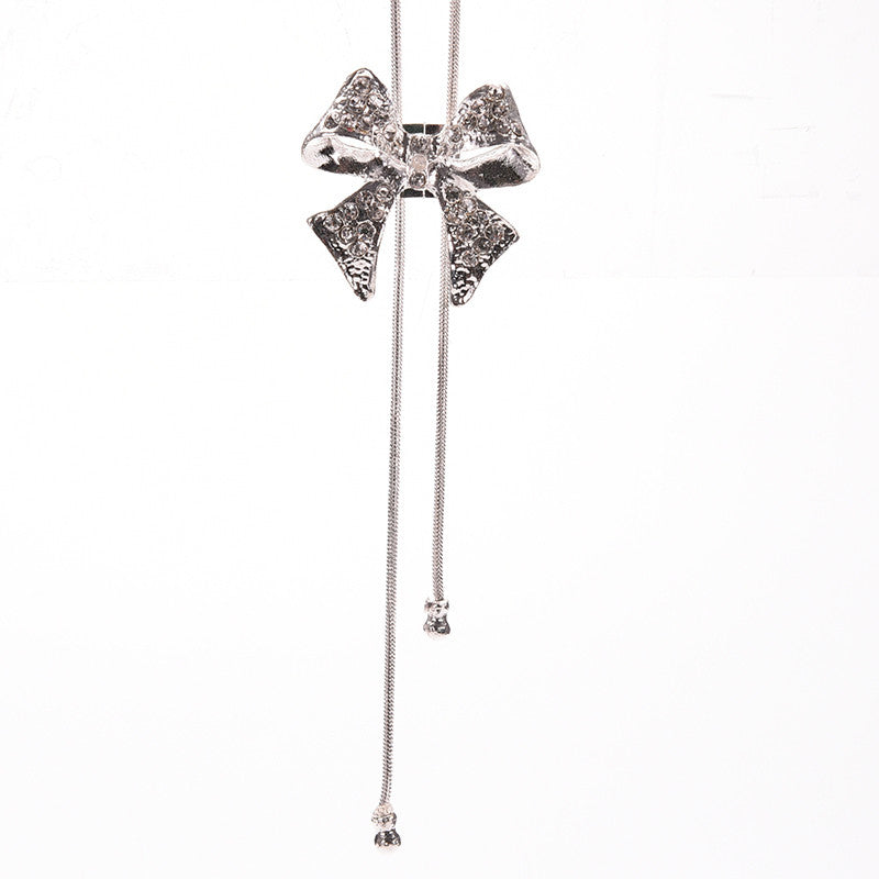 Noble Alloy Rhinestone Bow Necklace Long Sweater Chain Pendant Necklace J4U66