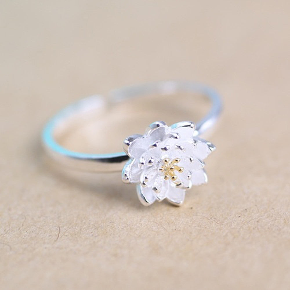 romantic lotus flower plant silver sterling silver adjustable ring jewelry accessory for women girls bride wedding party J4U66