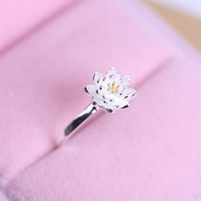 romantic lotus flower plant silver sterling silver adjustable ring jewelry accessory for women girls bride wedding party J4U66