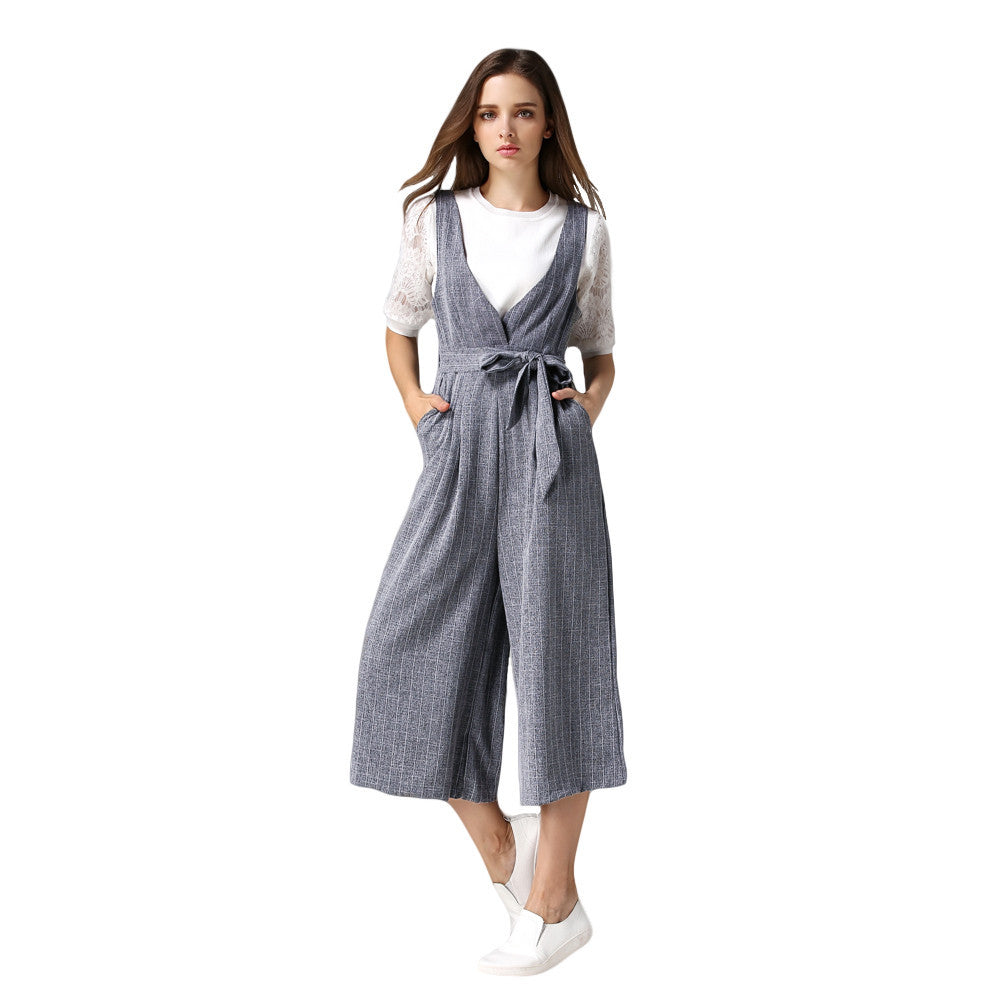 rompers womens jumpsuits contrast stripe v neck sleeveless belt wide leg pants pockets zipperclosure playsuit J4U66