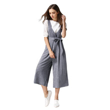 rompers womens jumpsuits contrast stripe v neck sleeveless belt wide leg pants pockets zipperclosure playsuit J4U66