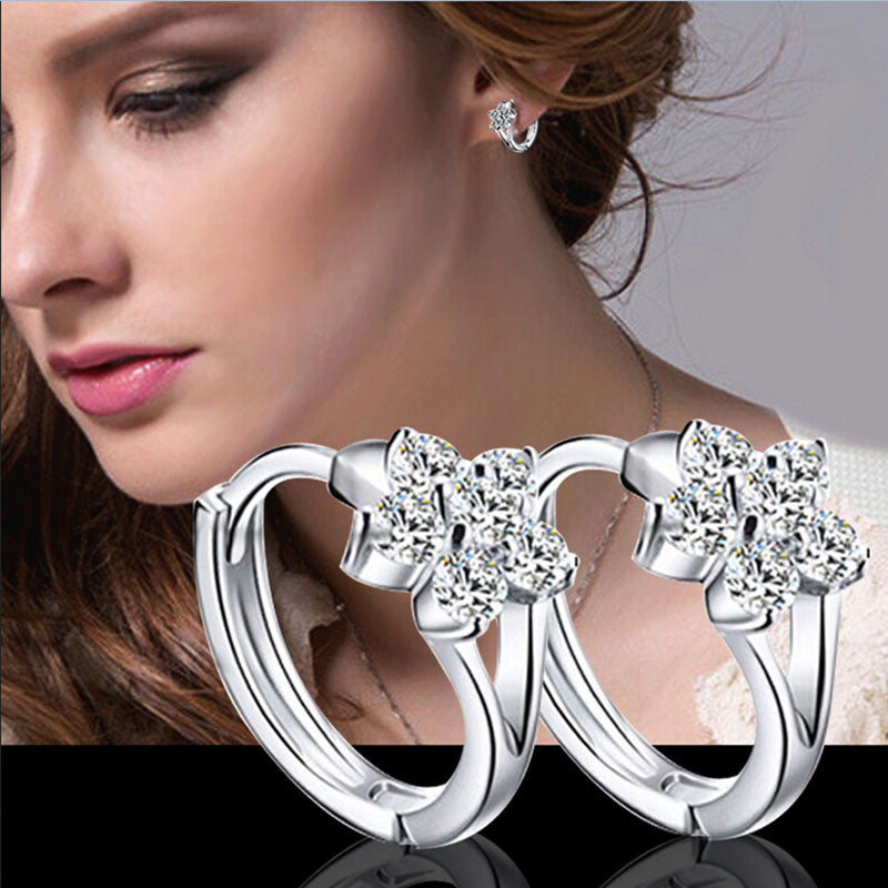 Round Crystal Earrings Silver Plated Zircon Snowflake Ear Stud Earrings For Girls Gifts Women Ladies Jewelry J4U66
