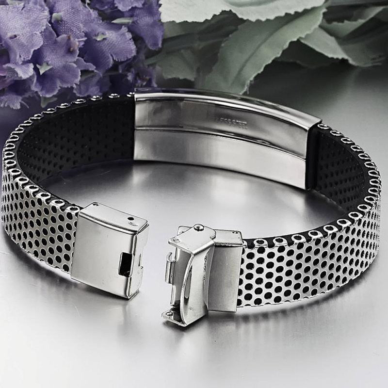Fashion Stainless Steel Silver and Black Leather Cuff Bangle Bracelet Men Wristband Gift J4U66