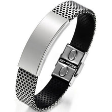 Fashion Stainless Steel Silver and Black Leather Cuff Bangle Bracelet Men Wristband Gift J4U66