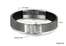 Fashion Stainless Steel Silver and Black Leather Cuff Bangle Bracelet Men Wristband Gift J4U66