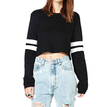 Street Casual Striped O-neck Short Long-sleeve Bare Midriff Sweatshirt Top Pullovers Jumper S M L J4U66