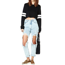Street Casual Striped O-neck Short Long-sleeve Bare Midriff Sweatshirt Top Pullovers Jumper S M L J4U66