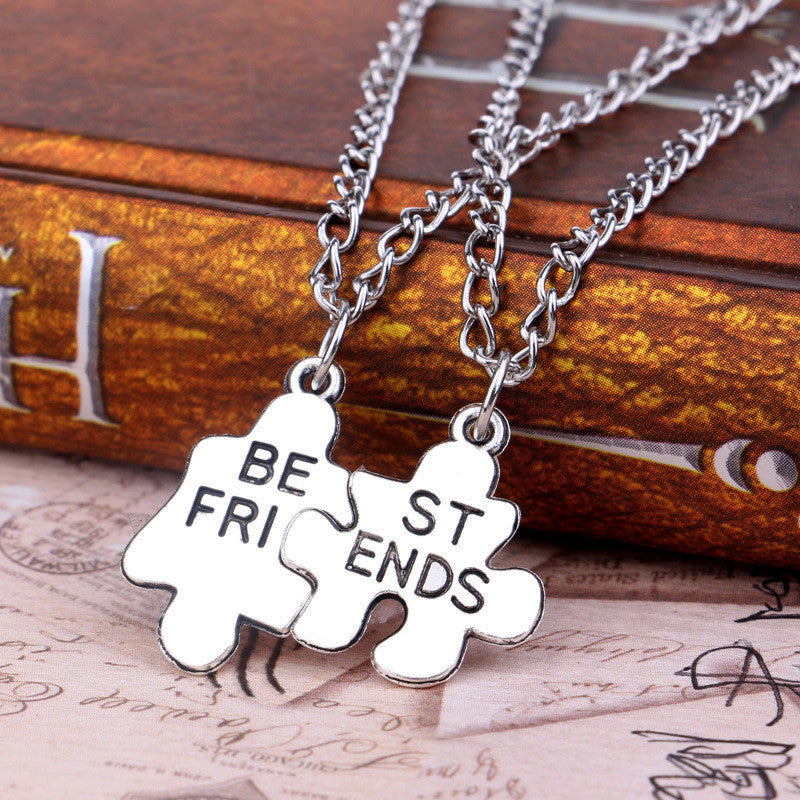 Style Women Fine Jewelry 2pc Friendship Necklace Silver Plated Best Friend Puzzle Necklace J4U66