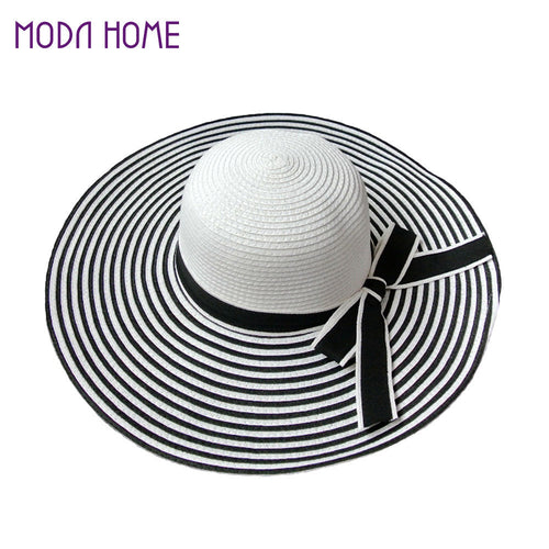 beach bohemia headwear women straw sun hat wide brim stripes bow floppy cap chapeu feminino black J4U66