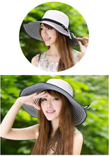 beach bohemia headwear women straw sun hat wide brim stripes bow floppy cap chapeu feminino black J4U66