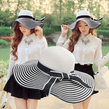 beach bohemia headwear women straw sun hat wide brim stripes bow floppy cap chapeu feminino black J4U66