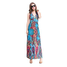 dress women maxi dress sexy vestidos beach dress deep v neck halter neck feather print beach sundress blue J4U66