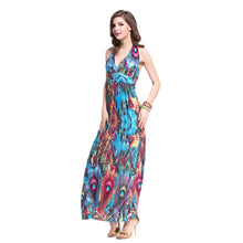 dress women maxi dress sexy vestidos beach dress deep v neck halter neck feather print beach sundress blue J4U66