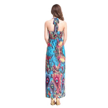 dress women maxi dress sexy vestidos beach dress deep v neck halter neck feather print beach sundress blue J4U66
