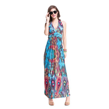 dress women maxi dress sexy vestidos beach dress deep v neck halter neck feather print beach sundress blue J4U66