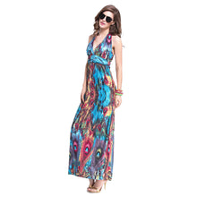 dress women maxi dress sexy vestidos beach dress deep v neck halter neck feather print beach sundress blue J4U66