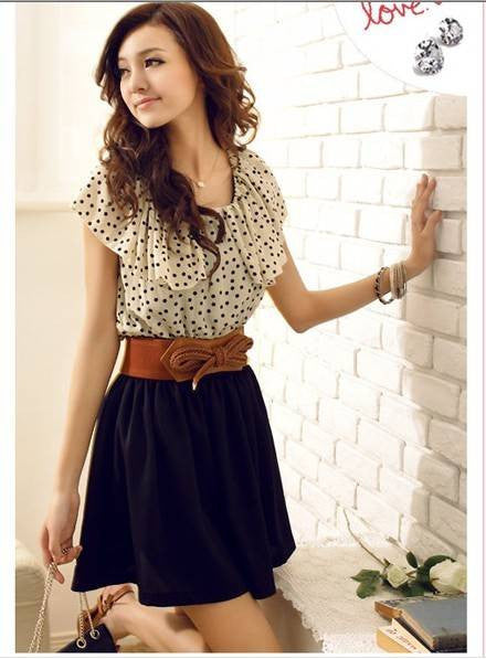 korean women lady chiffon dress short sleeve polka dots waist casual dresses super worthy J4U66