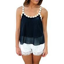 women chiffon blouses o neck flower spaghetti straps sleeveless lace shirt casual crop top vest plus size blusas J4U66