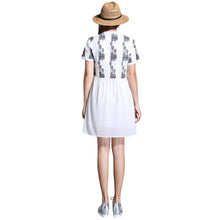 women chiffon dress embroidery o neck elegant dress short sleeves button loose large size party dress white J4U66