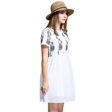 women chiffon dress embroidery o neck elegant dress short sleeves button loose large size party dress white J4U66