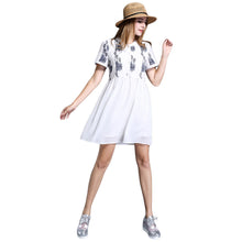women chiffon dress embroidery o neck elegant dress short sleeves button loose large size party dress white J4U66