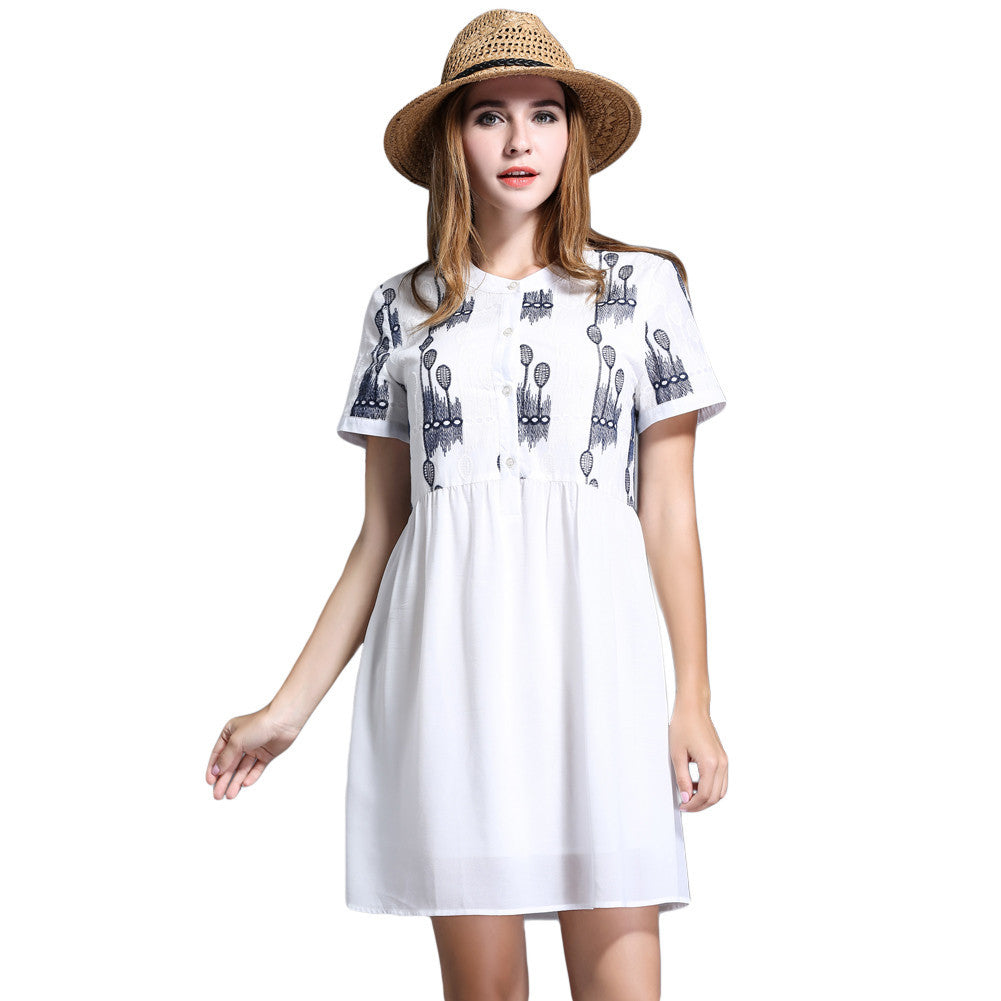 women chiffon dress embroidery o neck elegant dress short sleeves button loose large size party dress white J4U66