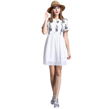 women chiffon dress embroidery o neck elegant dress short sleeves button loose large size party dress white J4U66