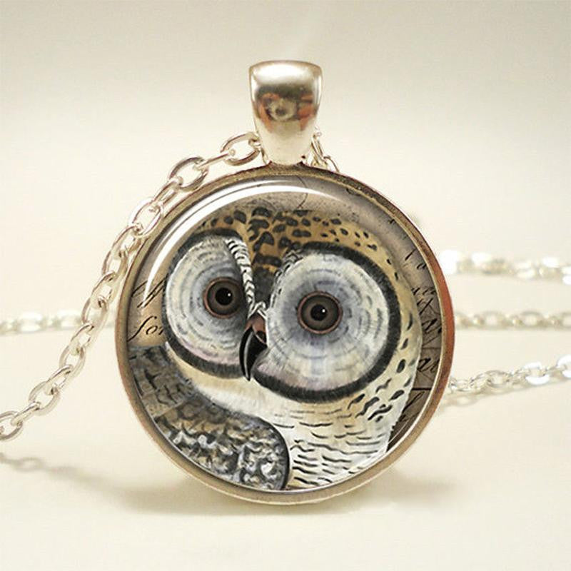 Vintage OWL Cabochon Tibetan Silver Glass Chain Pendant Necklaces J4U66