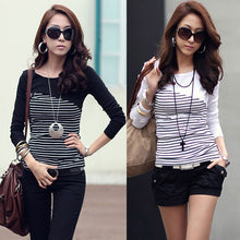 slim t-shirts women t-shirts striped o neck women tops long sleeve tee blusas white J4U66