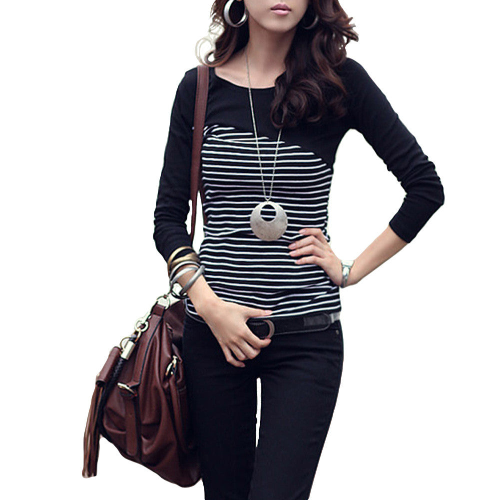 slim t-shirts women t-shirts striped o neck women tops long sleeve tee blusas white J4U66