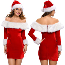 women 2pcs santa costume set faux fur long sleeve bodycon dress off shoulderchristmas dress red performance uniform J4U66