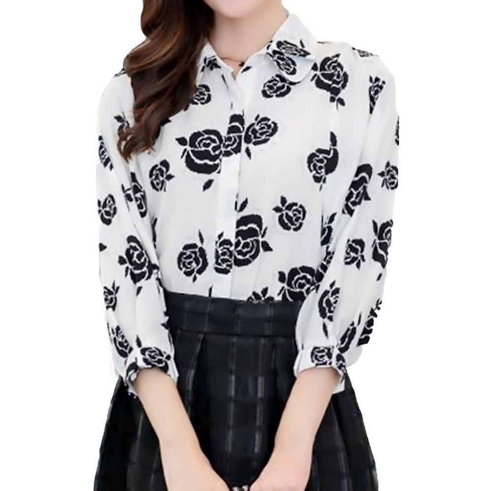 women black rose printed shirts floral three quarter batwing sleeves loose button blusas femininas ladies work shirt J4U66