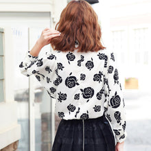 women black rose printed shirts floral three quarter batwing sleeves loose button blusas femininas ladies work shirt J4U66